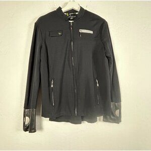 Jamie Sadock Womens Black Zip Up Jacket Medium Faux Leather Accents Zip Pockets